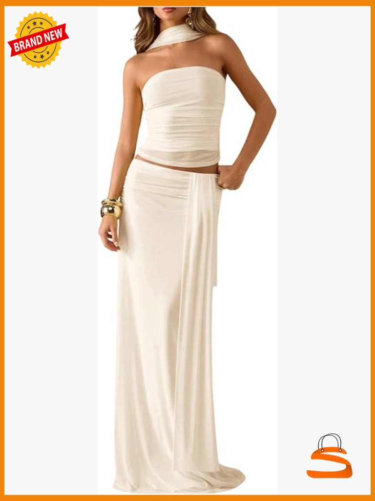 2 Piece Halter Crop Top And Maxi Skirt Set Stretchy Casual Clubwear Outfit